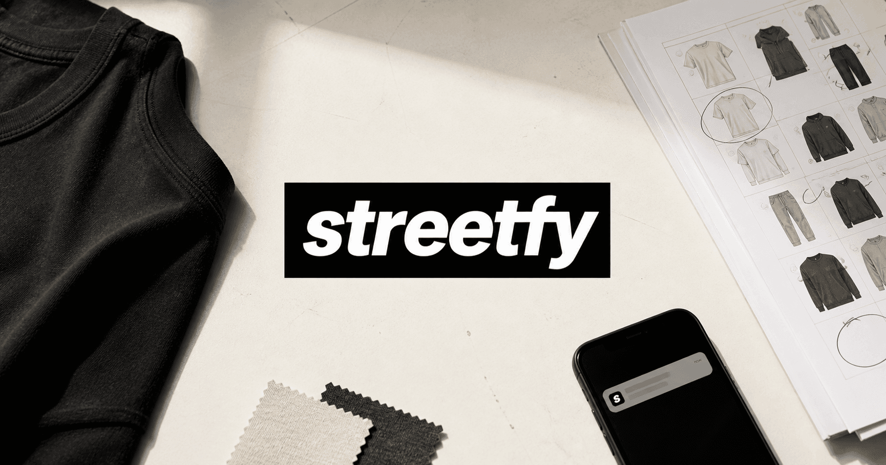 Streetfy wordmark on a wholesale worktable with a black garment, line sheet, phone, and fabric swatches.